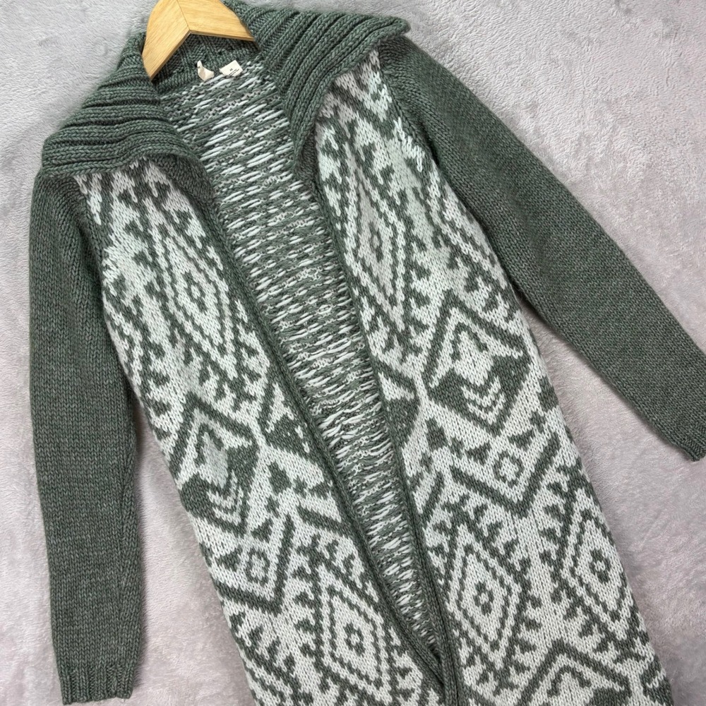 Anthropologie Moth Women's Long Knit Cardigan Green Gray Aztec Mohair Wool Sz XS